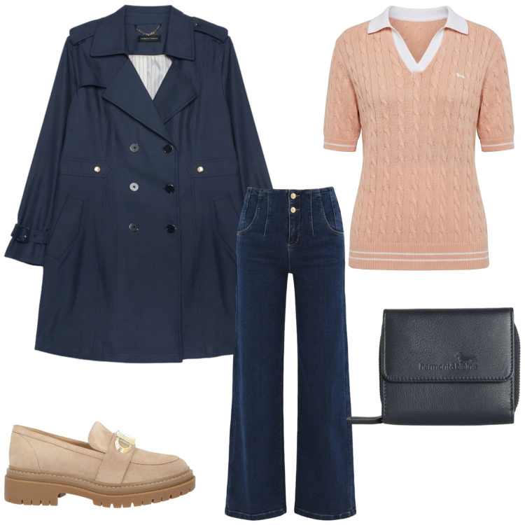 Outfit donna - Preppy style. Stile Preppy per Tutti i giorni. Abbinamento con mocassini, trench, jeans, portafogli, polo.