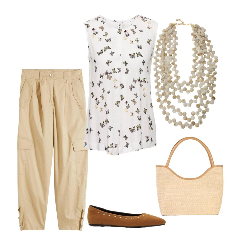 Outfit donna - Farfalle sulla sabbia. Stile Romantica per Mare. Abbinamento con canottiere, ballerine, shopping bag, pantaloni cargo, collane.