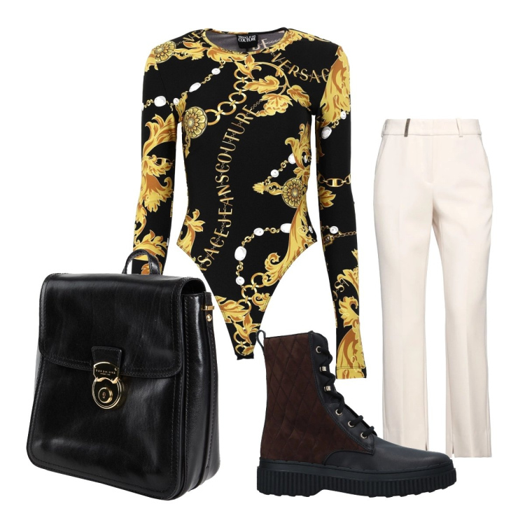 Outfit donna - Body curvy. Stile Casual chic per Ufficio. Abbinamento con stivaletti, zaini, pantaloni, body.
