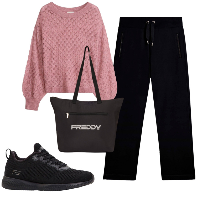 Outfit donna - Total look #2391132. Stile Basic per Tutti i giorni. Abbinamento con maglieria, sneakers, pantaloni, shopping bag.
