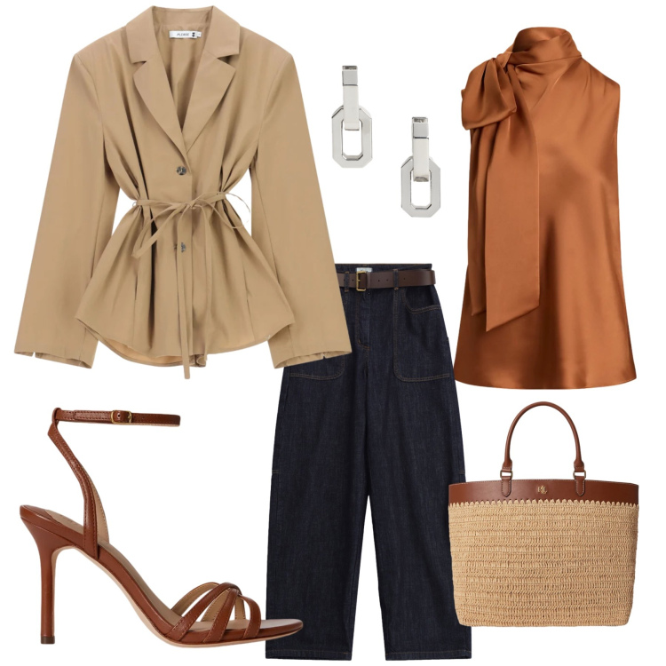 Outfit donna - Total look #2391134. Stile Casual chic per Tutti i giorni. Abbinamento con pantaloni a palazzo, blazer, orecchini, sandali in pelle, borse tote, bluse.
