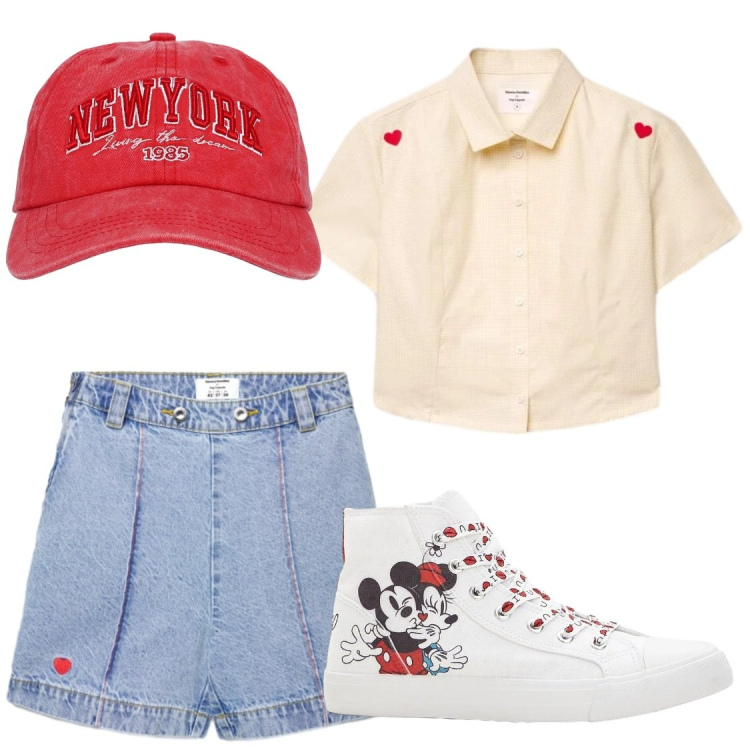 Outfit donna - "Disney Dream, un giorno a Disnayland. Stile Sporty chic per Tutti i giorni. Abbinamento con sneakers alte, cappelli, shorts, camicie a manica corta.