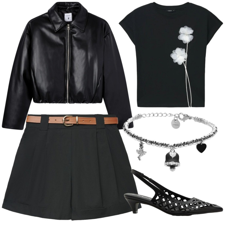 Outfit donna - Urban Nightfall. Stile Glamour per Serata fuori. Abbinamento con décolleté, shorts, giacche, t-shirt, braccialetti.