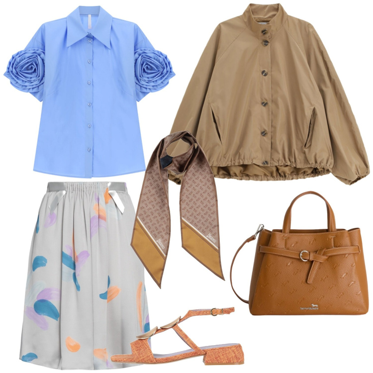 Outfit donna - Mercoledì di lavoro. Stile Casual chic Abbinamento con minigonne, sciarpe, sandali in pelle, camicie a manica corta, bomber, borse a mano.