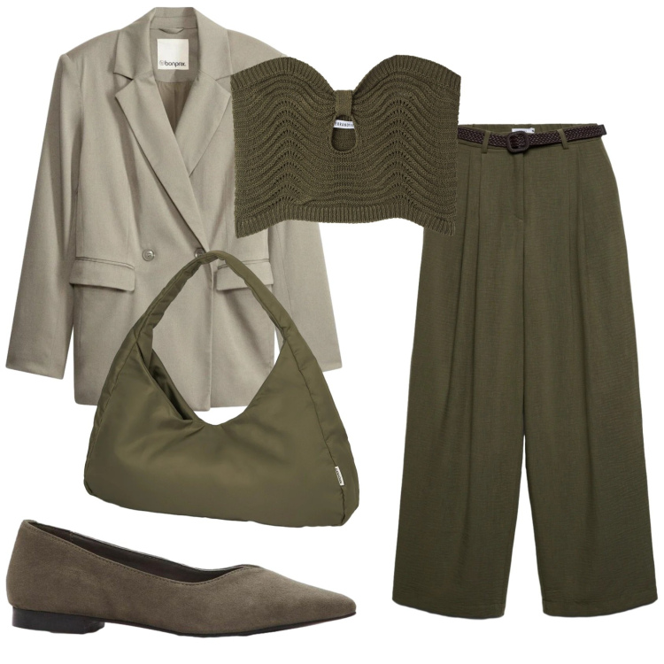 Outfit donna - Total look #2391149. Stile Trendy per Serata fuori. Abbinamento con blazer, ballerine, top, pantaloni, borse a spalla.