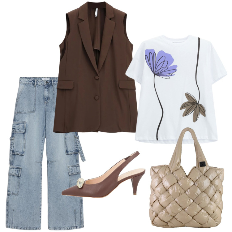 Outfit donna - Dinamica con stile. Stile Casual chic per Tutti i giorni. Abbinamento con décolleté, jeans, t-shirt, gilet, borse tote.