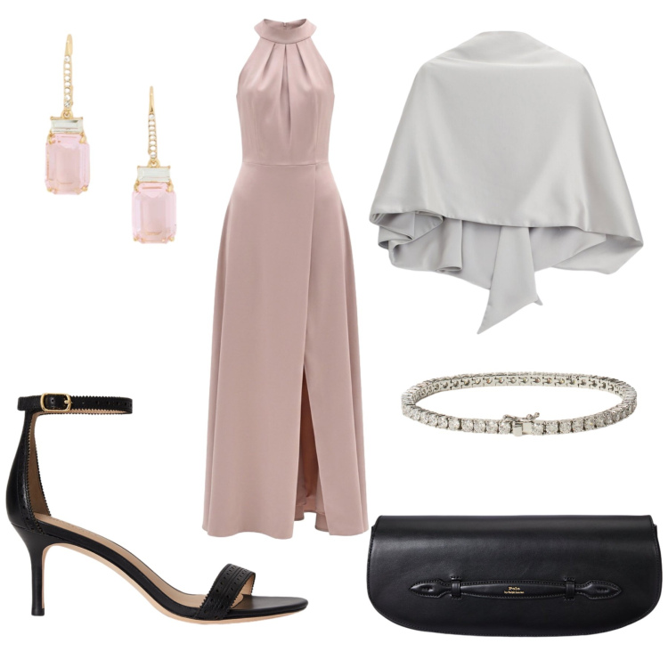 Outfit donna - Total look #2391159. Stile Bon Ton per Cerimonia. Abbinamento con scialli, vestiti lunghi, clutch, braccialetti, orecchini, sandali in pelle.