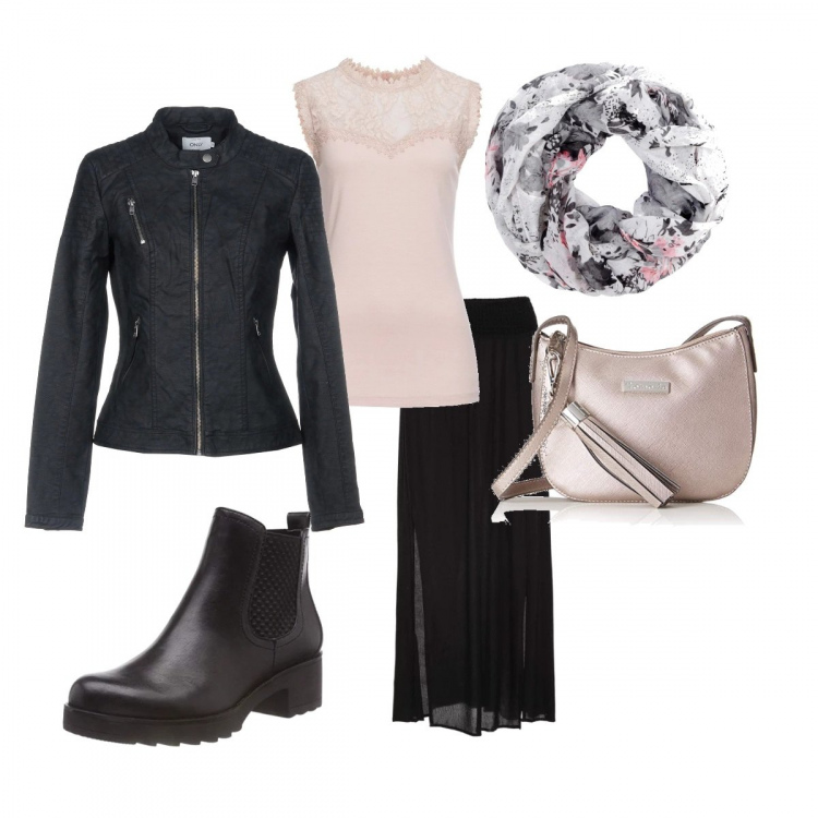 Outfit donna - Total look #239117. Abbinamento con gonne lunghe, top con pizzo e spacco rosa, foulard, giubbotto collo coreana a maniche lunghe con zip interno foderato in pelle sintetica tinta unita, stivali chelsea nero, borsa a tracolla argento.