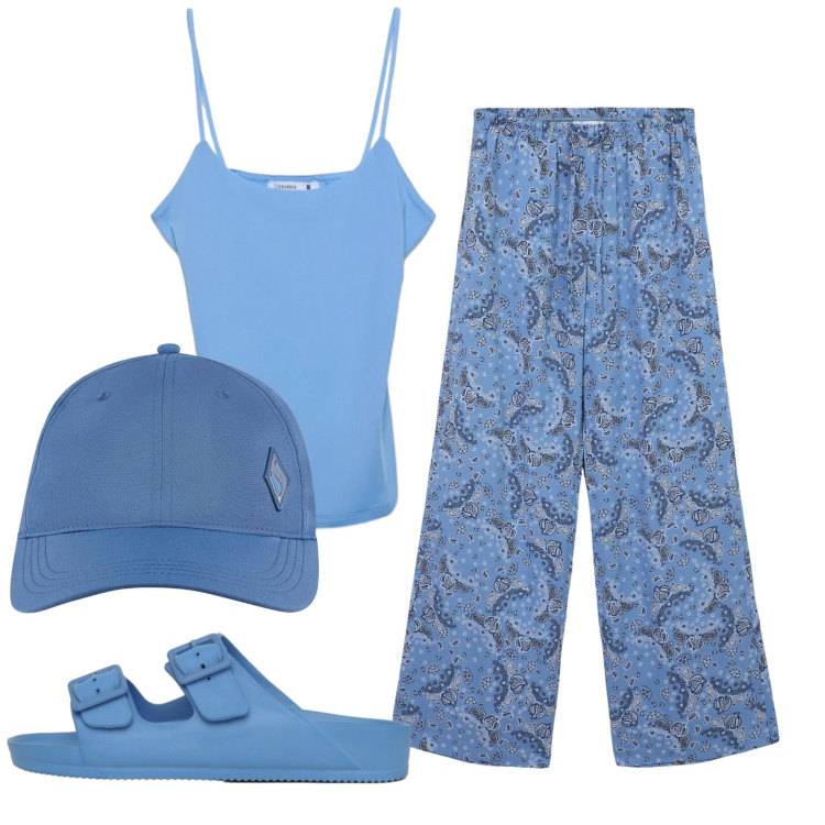 Outfit donna - Total look #2391172. Stile Basic per Mare. Abbinamento con cappelli con visiera, pantaloni, ciabatte, canottiere.