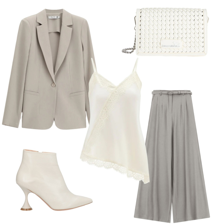 Outfit donna - L\'eleganza dei colori neutri. Stile Minimal per Serata fuori. Abbinamento con stivaletti, pantaloni a palazzo, canottiere, blazer, borse a tracolla.