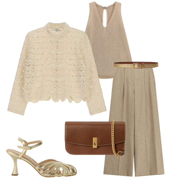Outfit donna - Occasion Ready. Stile Chic per Cerimonia. Abbinamento con camicie, sandali col tacco, pantaloni a palazzo, top, clutch, cinture.