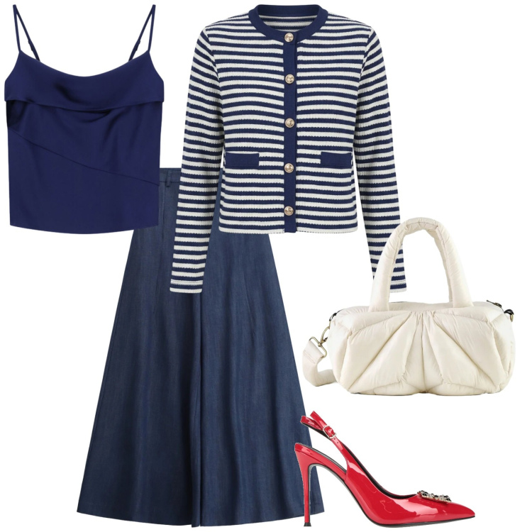 Outfit donna - Un tocco di Chanel. per Tutti i giorni. Abbinamento con décolleté, pantaloni a palazzo, canottiere, cardigans, borse a mano.