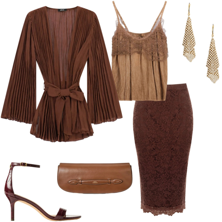 Outfit donna - Occasion Ready. Stile Chic per Cerimonia. Abbinamento con gonne longuette, blazer, top, sandali in pelle, clutch, orecchini.
