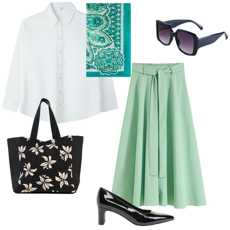 Outfit donna - Al bar con amiche. per Cerimonia. Abbinamento con gonne lunghe, décolleté, occhiali da sole, shopping bag, camicie, foulard.