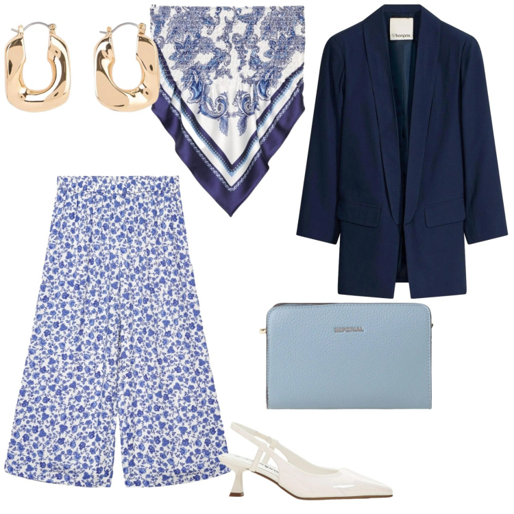 Outfit donna - Cerimonia al mare. per Cerimonia. Abbinamento con blazer, décolleté, orecchini, pantaloni a palazzo, top, borse a tracolla.