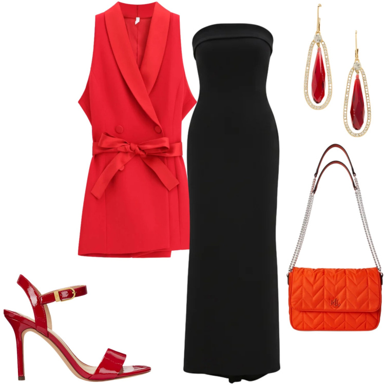 Outfit donna - Occasion Ready. Stile Chic per Cerimonia. Abbinamento con gilet, vestiti lunghi, sandali col tacco, orecchini, borse a tracolla.