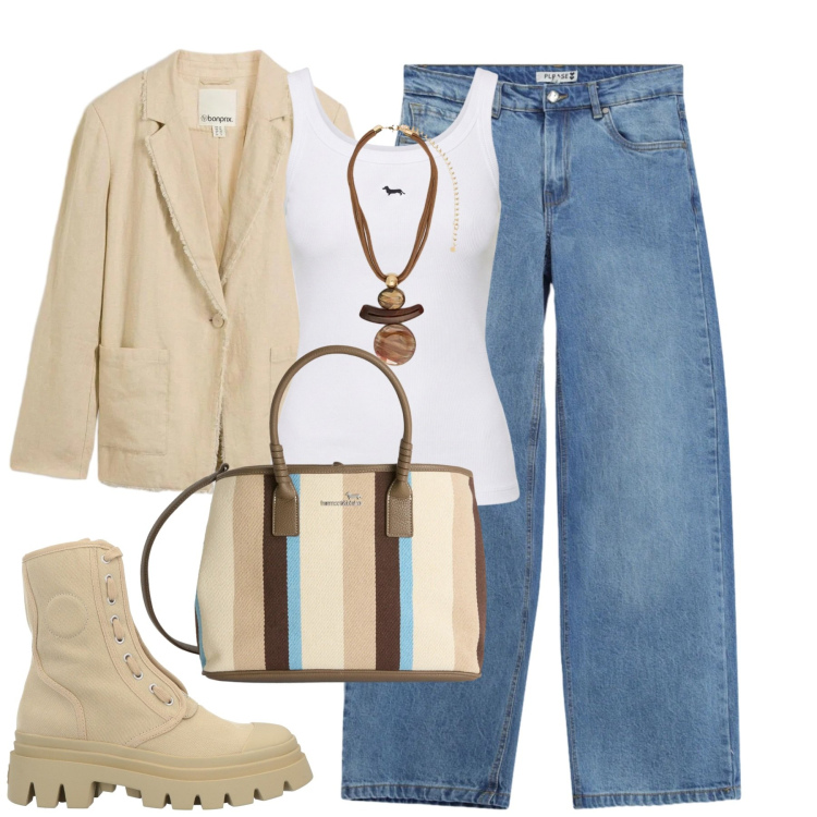 Outfit donna - City. Stile Casual chic per Tutti i giorni. Abbinamento con stivaletti, blazer, ciondoli, jeans, shopping bag, canottiere.