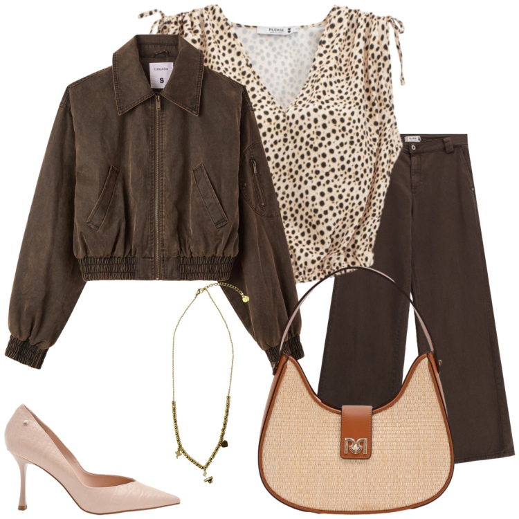 Outfit donna - Total look #2391256. Stile Casual chic per Tutti i giorni. Abbinamento con bomber, top, pantaloni a palazzo, borse a spalla, décolleté, ciondoli.