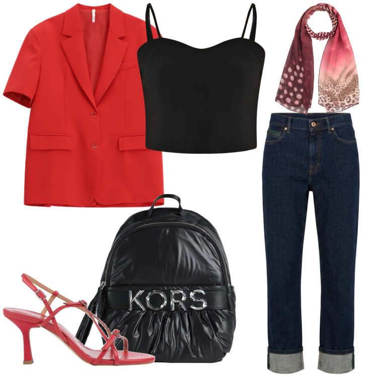 Outfit donna - Total look #2391257. Stile Glamour per Serata fuori. Abbinamento con zaini, sciarpe, sandali in pelle, jeans dritti, blazer, top.