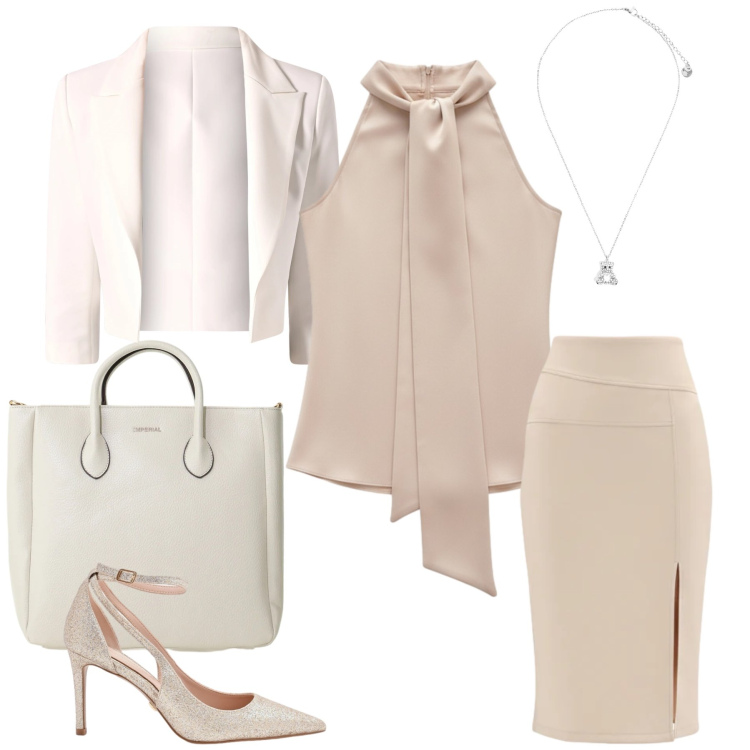Outfit donna - Total look #2391258. Stile Glamour per Cerimonia. Abbinamento con borse a tracolla, blazer, décolleté, top, gonne longuette, ciondoli.