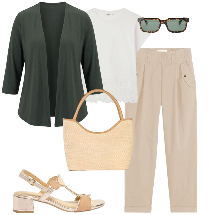 Outfit donna - In città. Stile Urban per Tutti i giorni. Abbinamento con pantaloni, sandali col tacco, shopping bag, t-shirt, blazer, occhiali da sole.