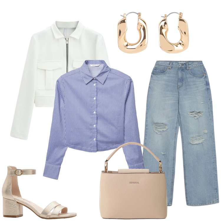 Outfit donna - Total look #2391260. Stile Casual chic per Tutti i giorni. Abbinamento con orecchini, sandali col tacco, camicie, jeans strappati, cappotti, borse a secchiello.
