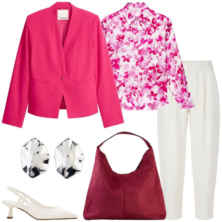 Outfit donna - Ufficio. Stile Chic per Ufficio. Abbinamento con décolleté, blazer, borse a spalla, orecchini, camicie, pantaloni.