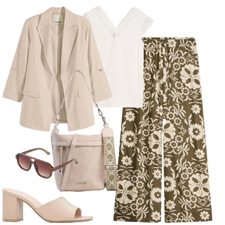 Outfit donna - Maggio. Stile Urban per Tutti i giorni. Abbinamento con sandali col tacco, blazer, borse a tracolla, canottiere, occhiali da sole, pantaloni.