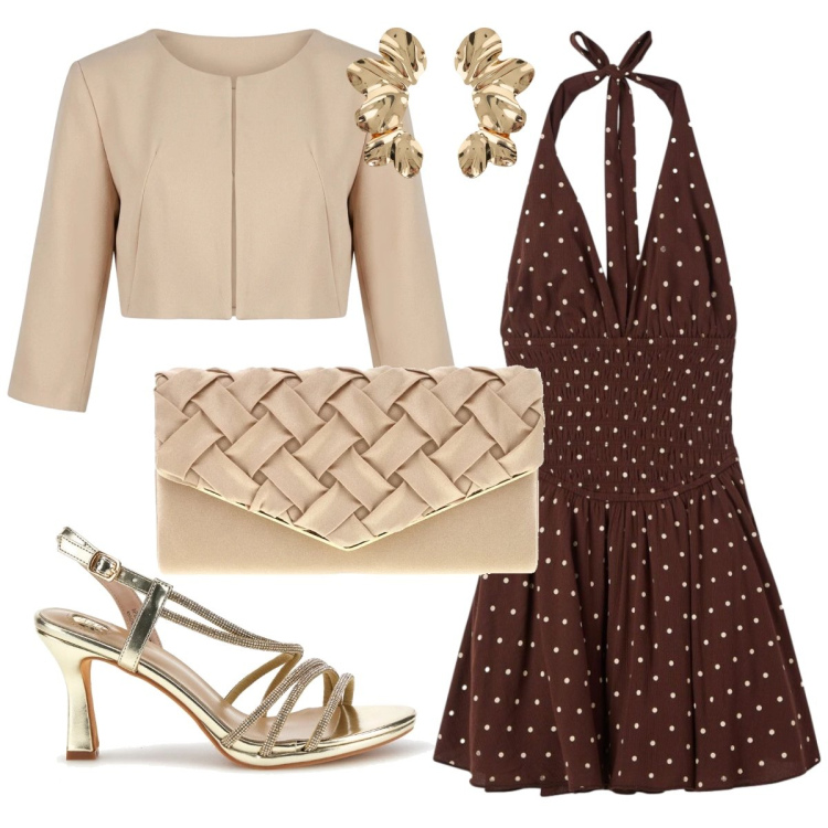 Outfit donna - Cerimonia con poca spesa. Stile Chic per Cerimonia. Abbinamento con vestiti corti, bolero, orecchini, pochette, sandali col tacco.