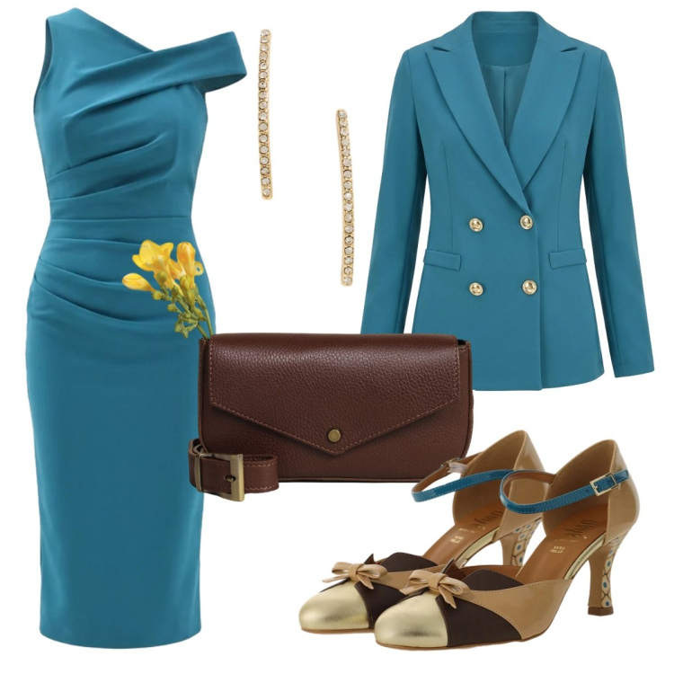 Outfit donna - Pronta per la cerimonia. Stile Chic per Cerimonia. Abbinamento con vestiti asimmetrici, blazer, décolleté, borse a tracolla, orecchini.