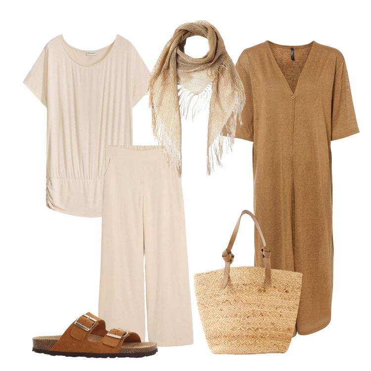 Outfit donna - Total look #2391275. Stile Casual chic per Tutti i giorni. Abbinamento con cardigans, pantaloni a palazzo, t-shirt, ciabatte, shopping bag, canottiere.