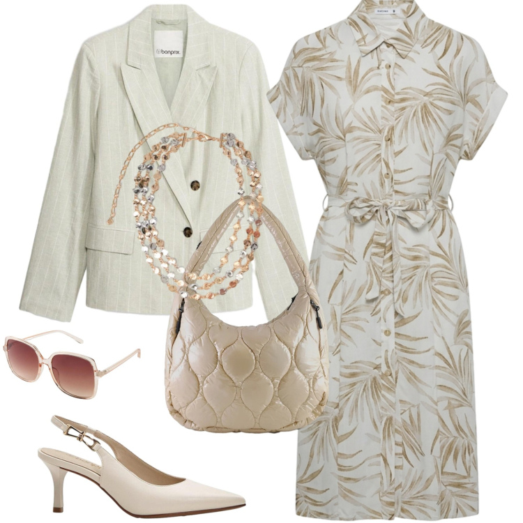 Outfit donna - Chemisier. Stile Urban per Tutti i giorni. Abbinamento con occhiali da sole, décolleté, blazer, vestiti chemisier, collane, borse tote.