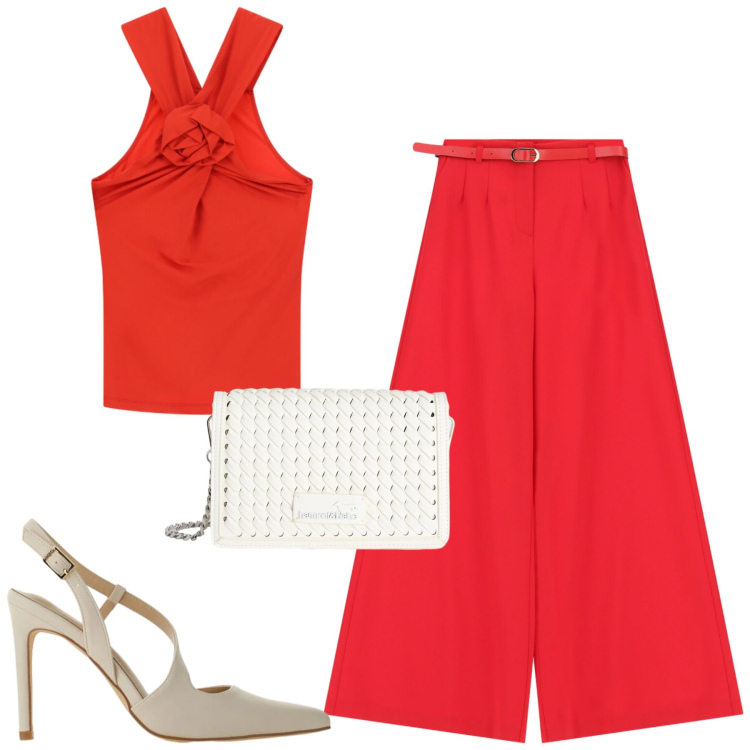 Outfit donna - Red. Stile Urban per Tutti i giorni. Abbinamento con décolleté, pantaloni a palazzo, canottiere, borse a tracolla.