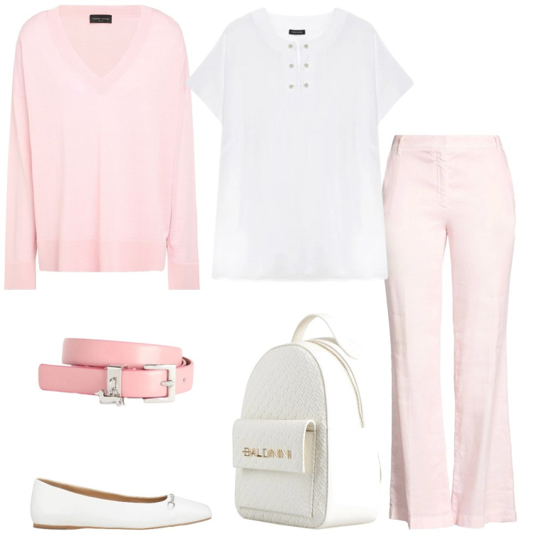Outfit donna - Tempo libero. Stile Casual per Tutti i giorni. Abbinamento con zaini, pantaloni, ballerine, pullovers, t-shirt, cinture.