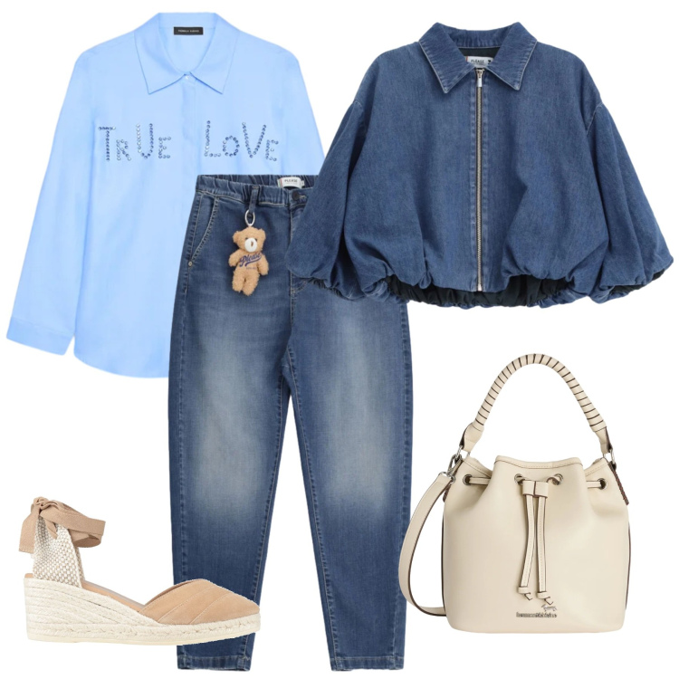 Outfit donna - Completo di jeans. Stile Casual per Scuola/Università. Abbinamento con espadrillas, camicie, jeans, blazer, borse a secchiello.