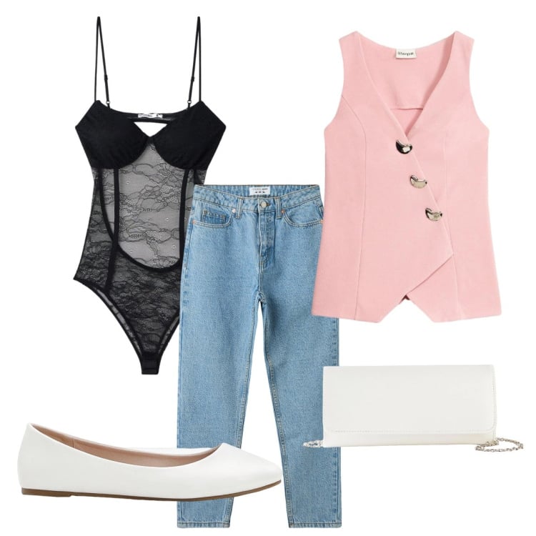 Outfit donna - Total look #2391286. Stile Casual chic per Tutti i giorni. Abbinamento con ballerine, blazer, pochette, jeans mom, body.