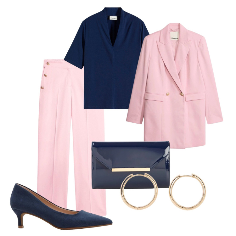 Outfit donna - Evento rosa fumé. Stile Glamour per Serata fuori. Abbinamento con bluse, orecchini, décolleté, pochette, blazer, pantaloni.