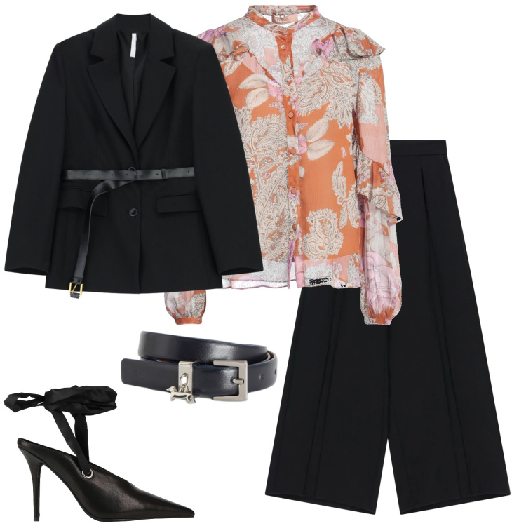 Outfit donna - Cerimonia. Stile Chic per Cerimonia. Abbinamento con camicie, décolleté, blazer, pantaloni a palazzo, cinture.