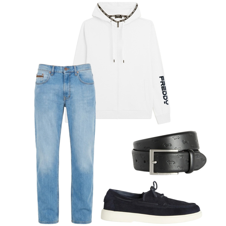 Outfit uomo - Total look #2391289. Stile Casual per Tutti i giorni. Abbinamento con jeans, cinture, scarpe stringate, felpe con cappuccio.