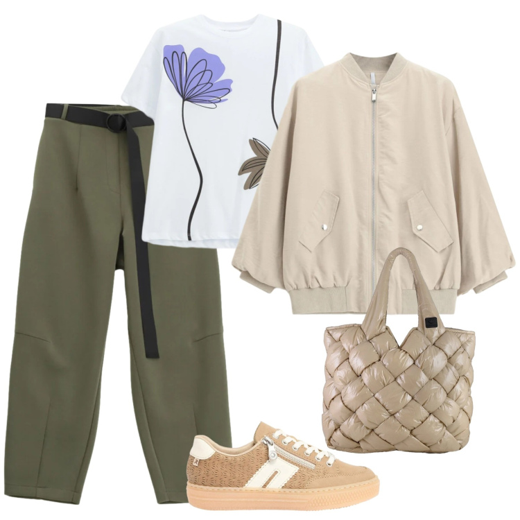 Outfit donna - Università. Stile Casual chic per Scuola/Università. Abbinamento con sneakers, pantaloni, bomber, t-shirt, borse tote.