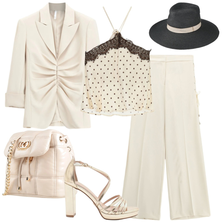Outfit donna - Cerimonia. Stile Trendy per Cerimonia. Abbinamento con valigie, cappelli, top, pantaloni, blazer, sandali col tacco.
