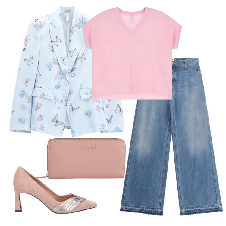 Outfit donna - Università. Stile Casual chic per Scuola/Università. Abbinamento con décolleté, t-shirt, blazer, jeans, portafogli.
