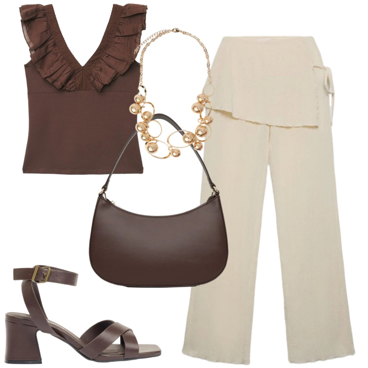 Outfit donna - I pantaloni con la gonna. Stile Casual chic per Tutti i giorni. Abbinamento con sandali col tacco, pantaloni, top, borse a tracolla, collane.