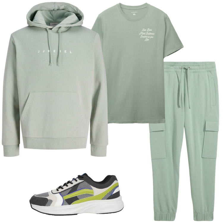 Outfit uomo - Total look #2391304. Stile Urban per Sport. Abbinamento con pantaloni, felpe con cappuccio, t-shirt, sneakers.
