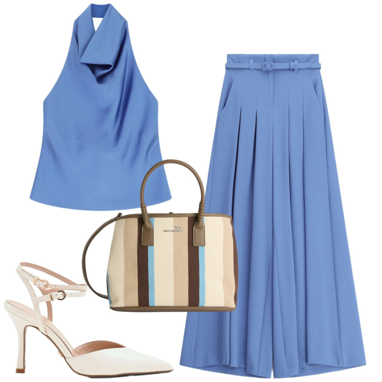 Outfit donna - Trendy in the city. Stile Trendy per Tutti i giorni. Abbinamento con pantaloni a palazzo, top, décolleté, shopping bag.