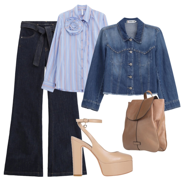 Outfit donna - Completo di jeans. Stile Casual chic per Ufficio. Abbinamento con décolleté, zaini, jeans a zampa, blazer, camicie.