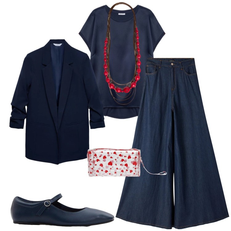 Outfit donna - Total look #2391314. Stile Chic per Ufficio. Abbinamento con ballerine, jeans, blazer, valigie, bluse, collane.