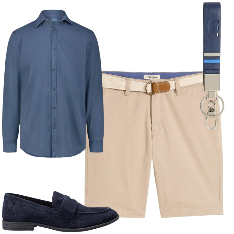 Outfit uomo - City. Stile Urban per Tutti i giorni. Abbinamento con bermuda, portachiavi, camicie, scarpe stringate.