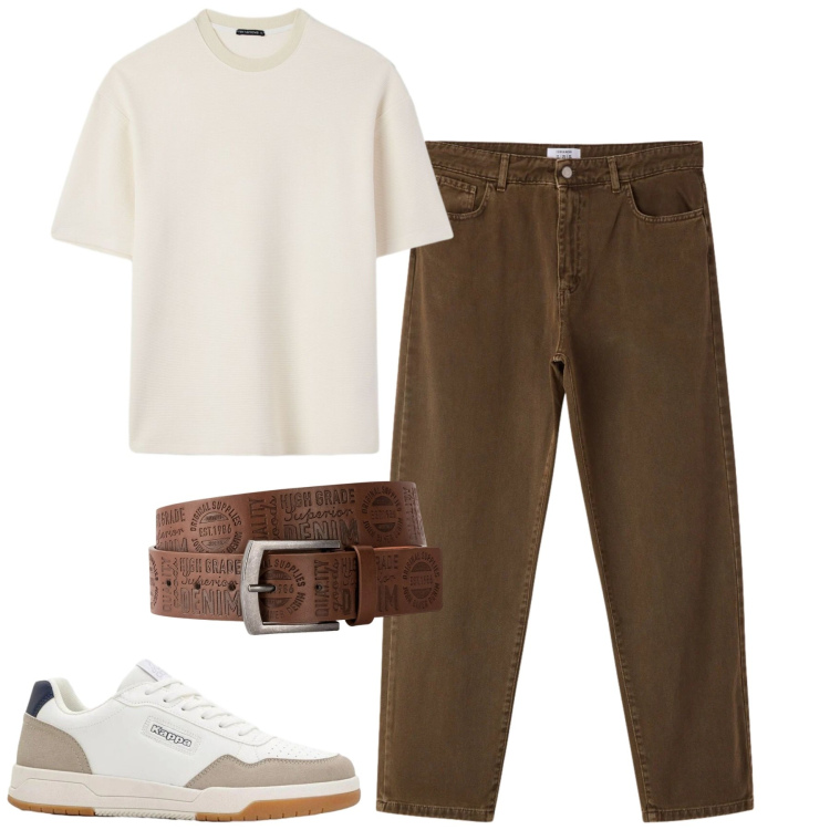 Outfit uomo - Panna e cioccolato. Stile Casual per Tutti i giorni. Abbinamento con cinture, sneakers, pantaloni, t-shirt.