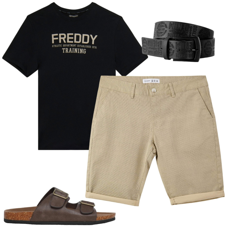Outfit uomo - Weekend. Stile Casual per Tutti i giorni. Abbinamento con cinture, pantaloni corti, sandali, t-shirt.
